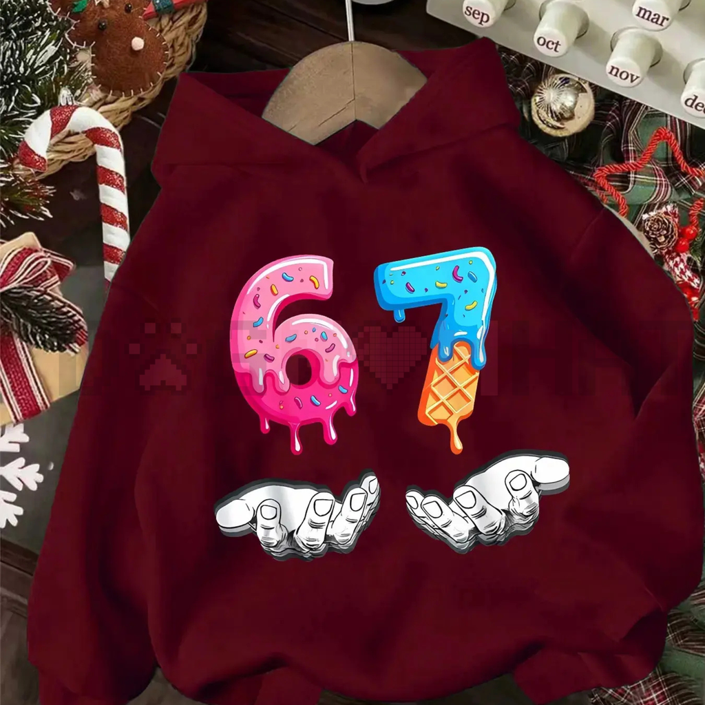 Maroon Christmas hoodie pullover with colorful ice cream graphic and white print
