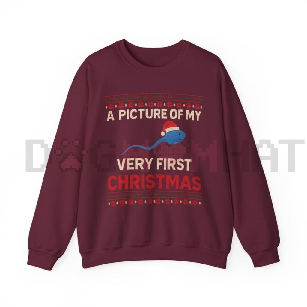 Maroon unisex crewneck sweatshirt with 'Very First Christmas' graphic and blue dinosaur.