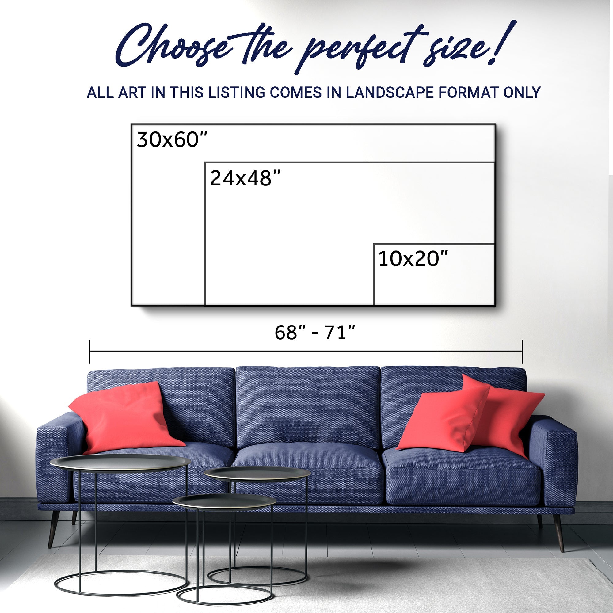 Landscape canvas sizing chart: 30x60, 24x48, and 10x20 options