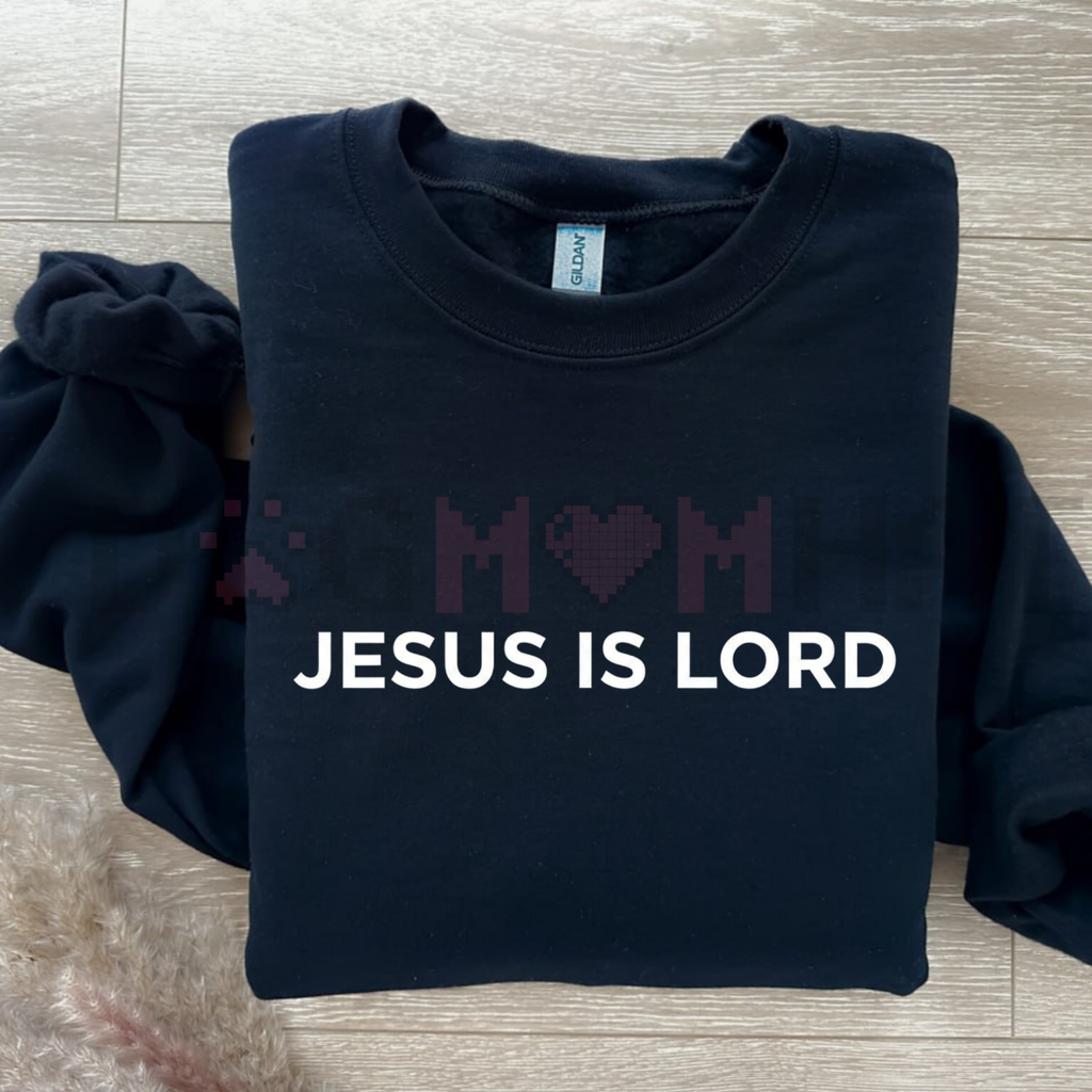Navy sweatshirt with 'JESUS IS LORD' lettering across chest, crew neck and long sleeves
