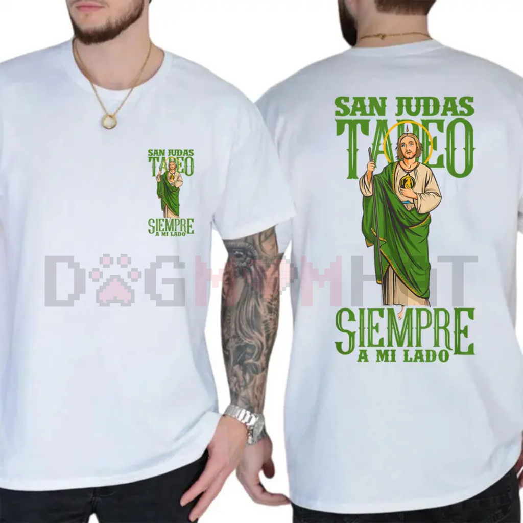White graphic t-shirt with saint portrait and “Siempre a mi lado” print on back and front