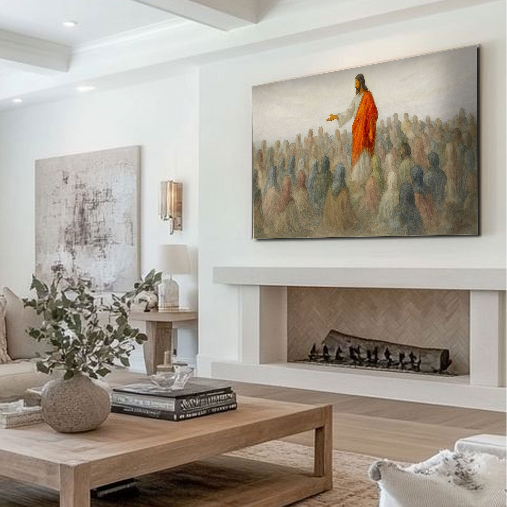 Landscape canvas wall art featuring a robed speaker gesturing to a crowd