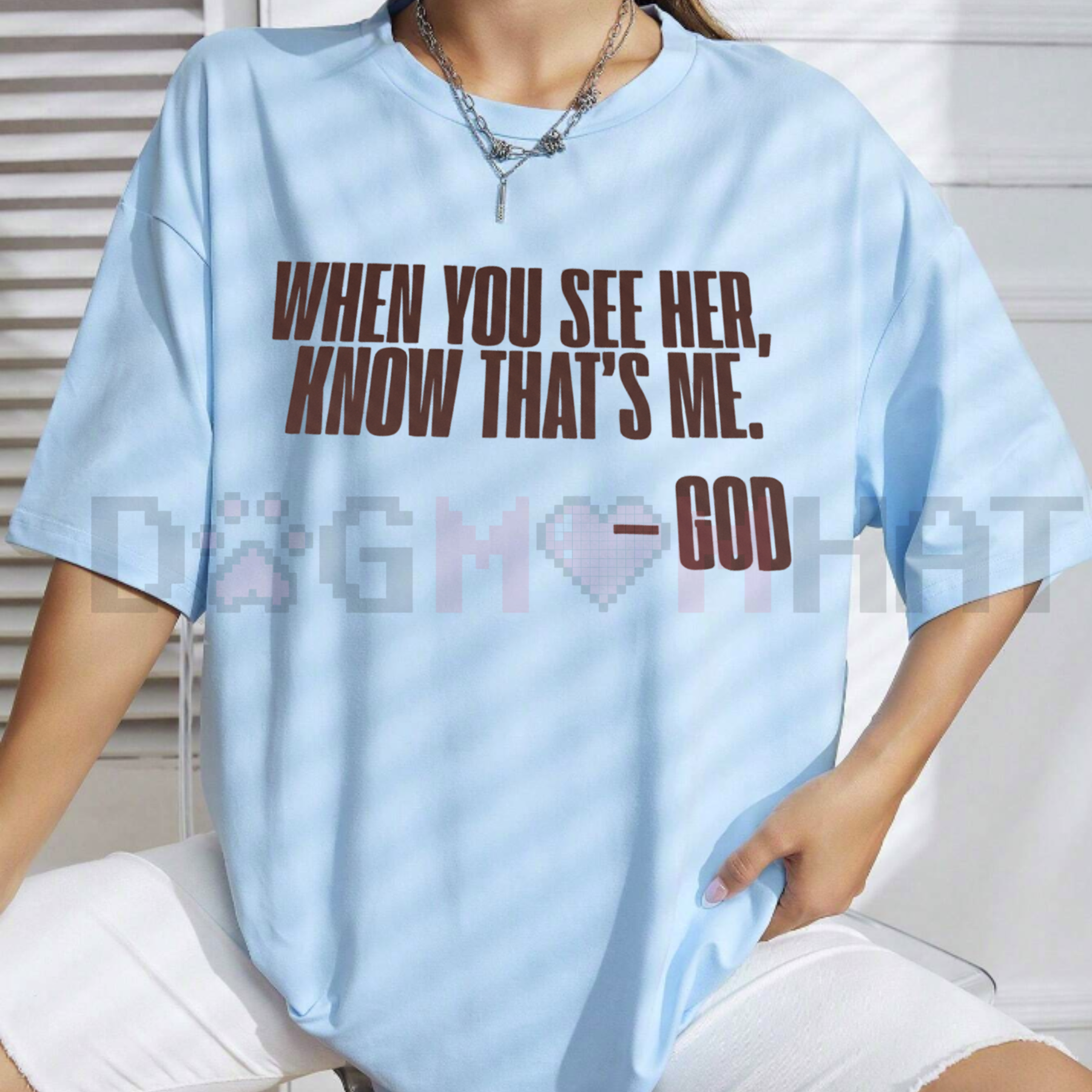 Light blue God graphic T-shirt with front text and heart design