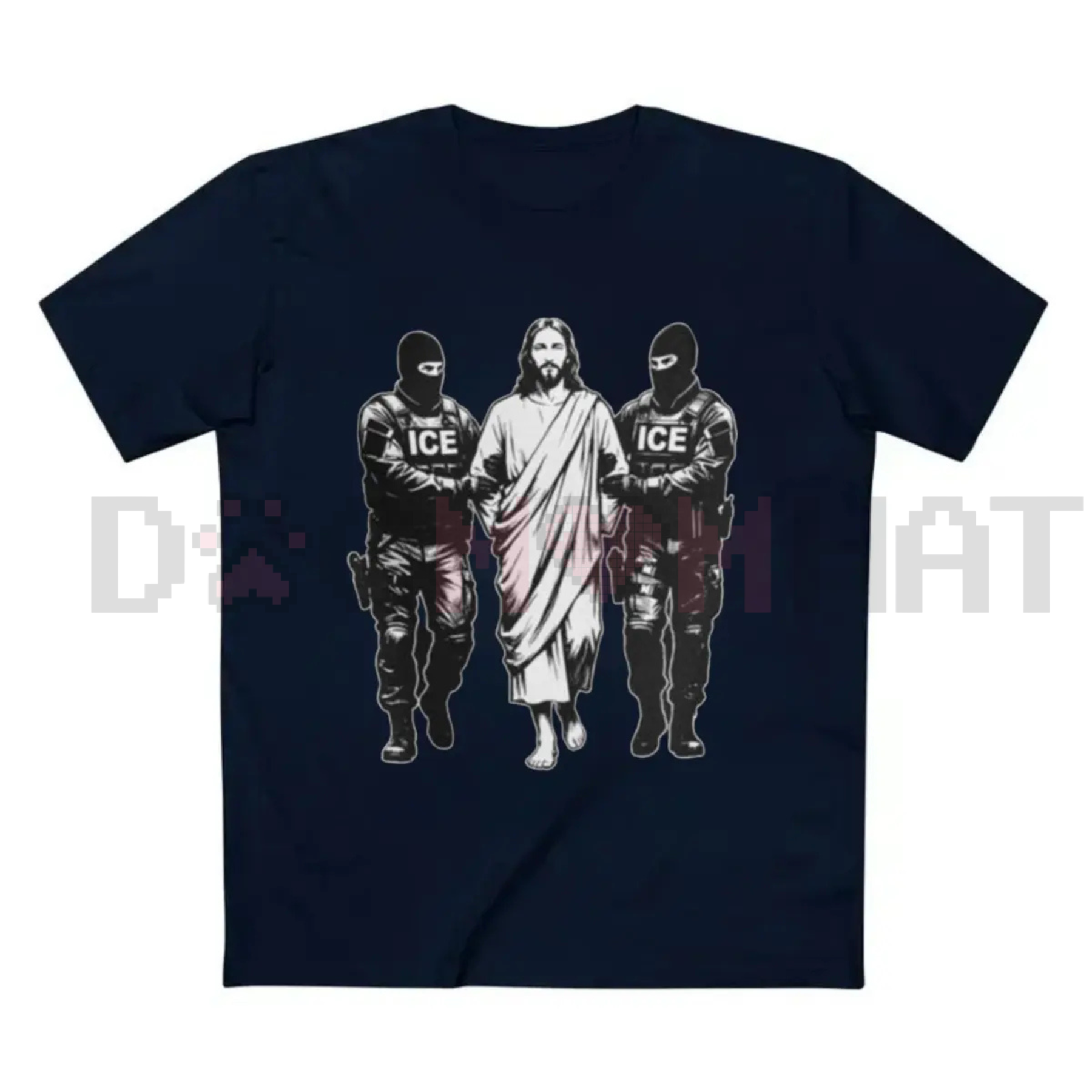 Navy T-shirt with graphic of three figures and a central robed figure