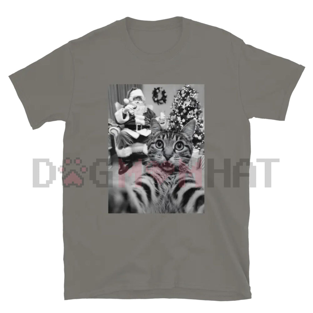 Unisex light gray T-shirt with grayscale cat and holiday graphic print on front