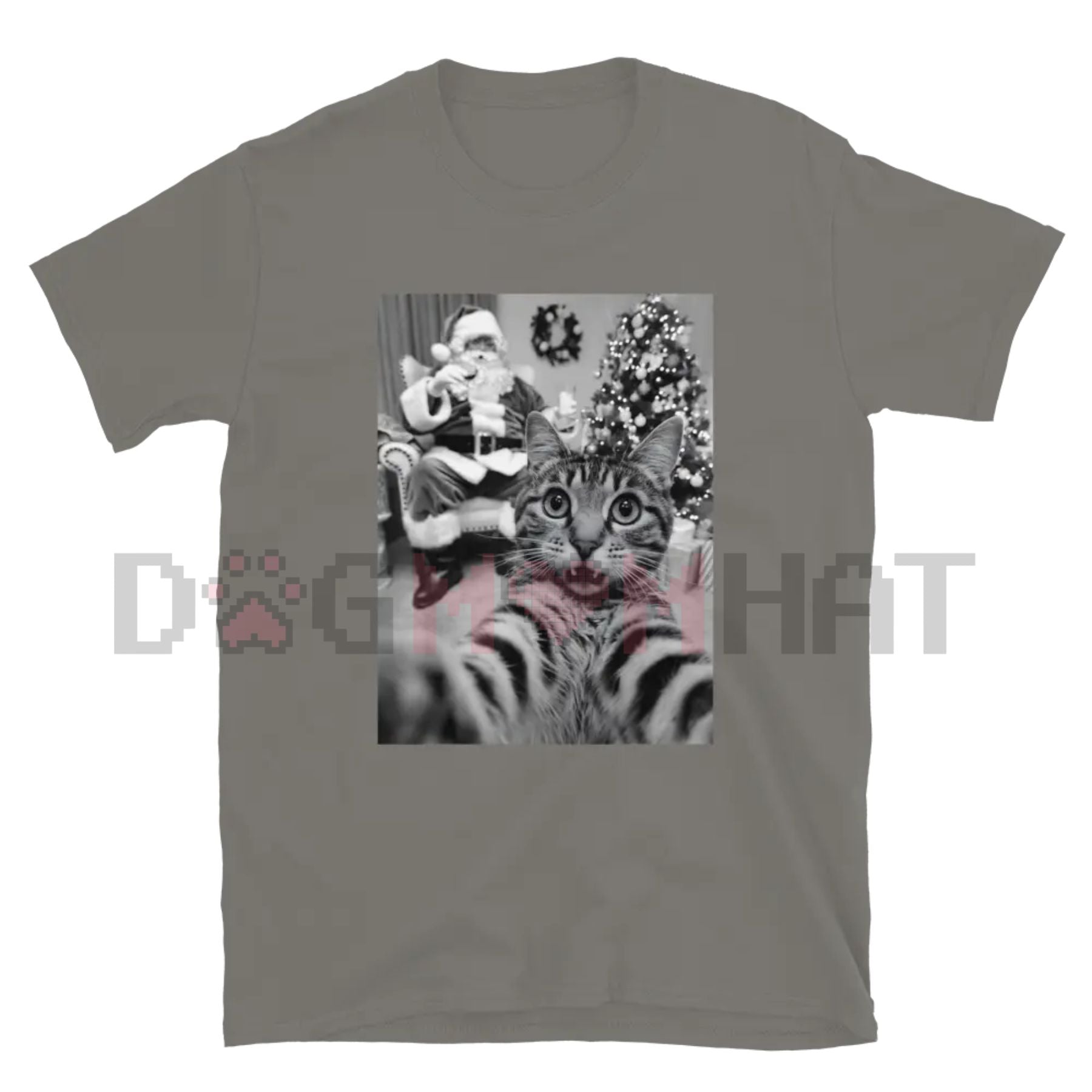 Unisex light gray T-shirt with grayscale cat and holiday graphic print on front