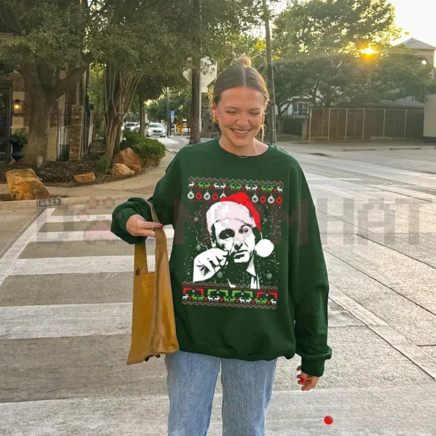 Forest green Tony Soprano ugly Christmas sweatshirt with Santa hat face graphic, long sleeves