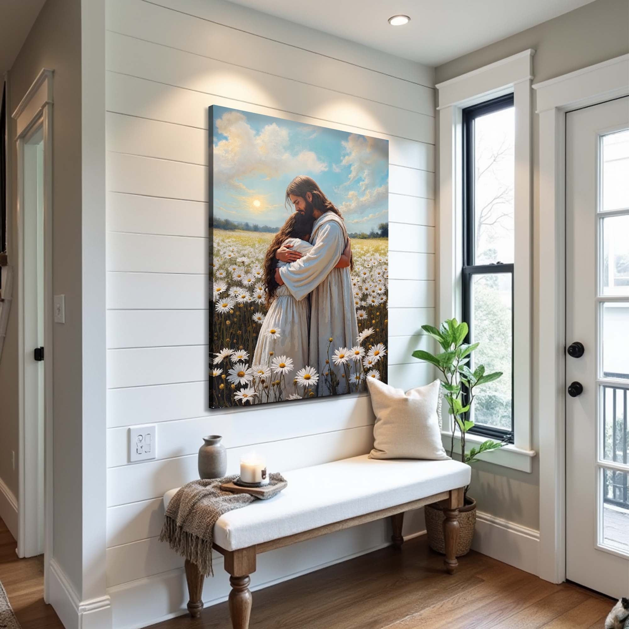 Faith wall art canvas showing Jesus hugging a woman in a flower meadow at sunrise