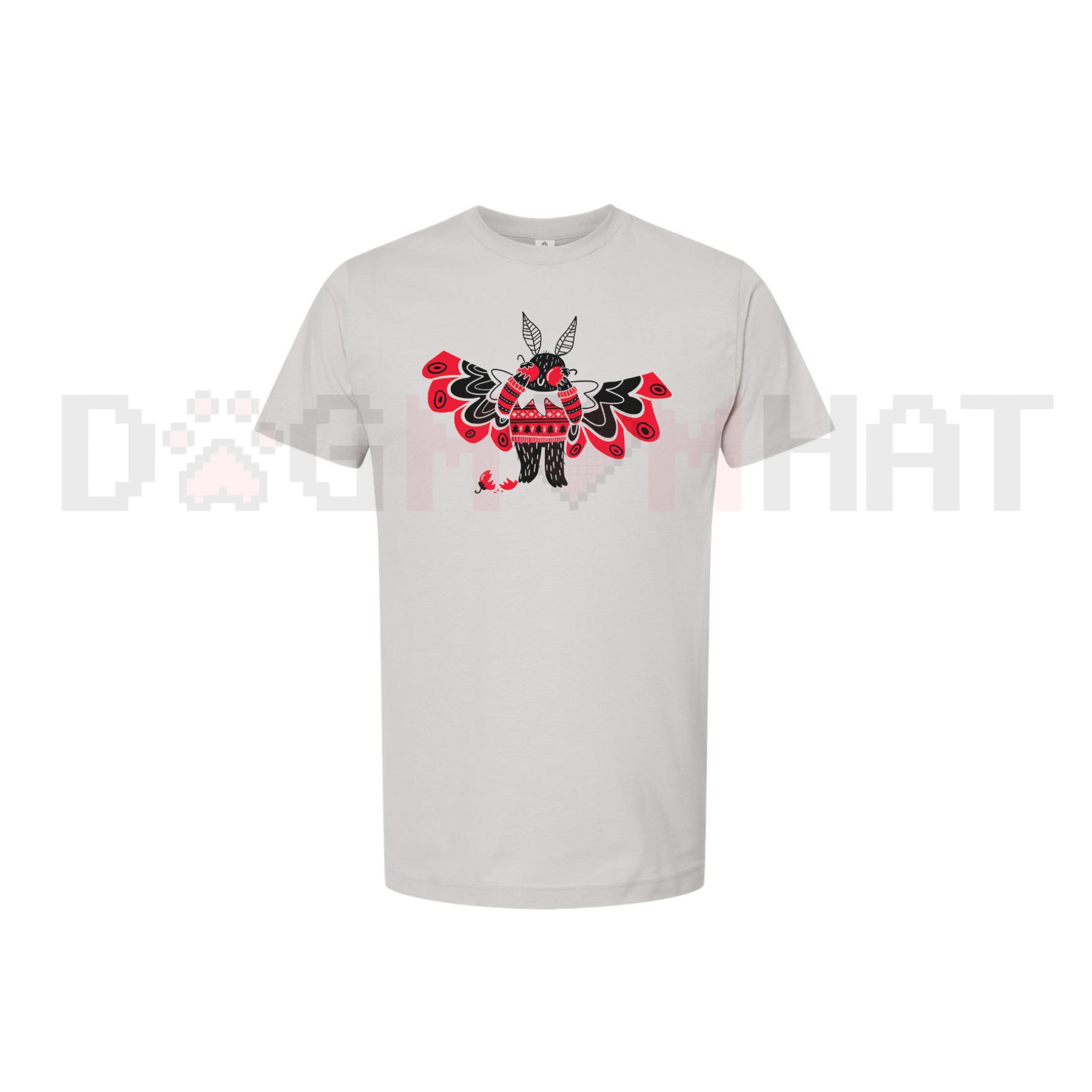 White crewneck T-shirt with red-and-black animal graphic on front