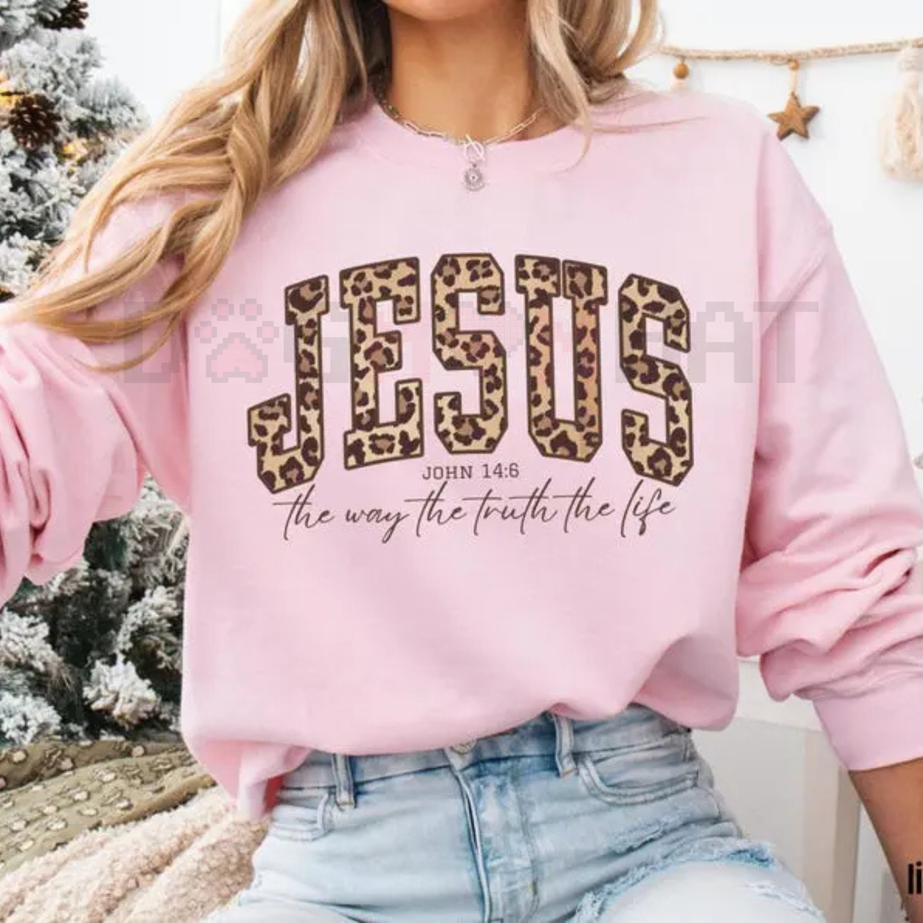 Light pink Christian Jesus sweatshirt with leopard-print JESUS text and John 14:6