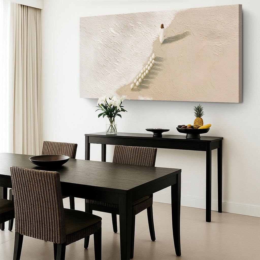 Horizontal canvas wall art featuring white figure and sheep illustration on beige