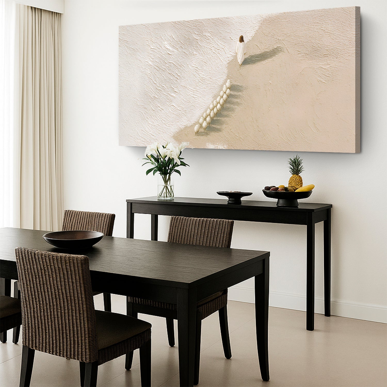 Horizontal canvas wall art featuring white figure and sheep illustration on beige