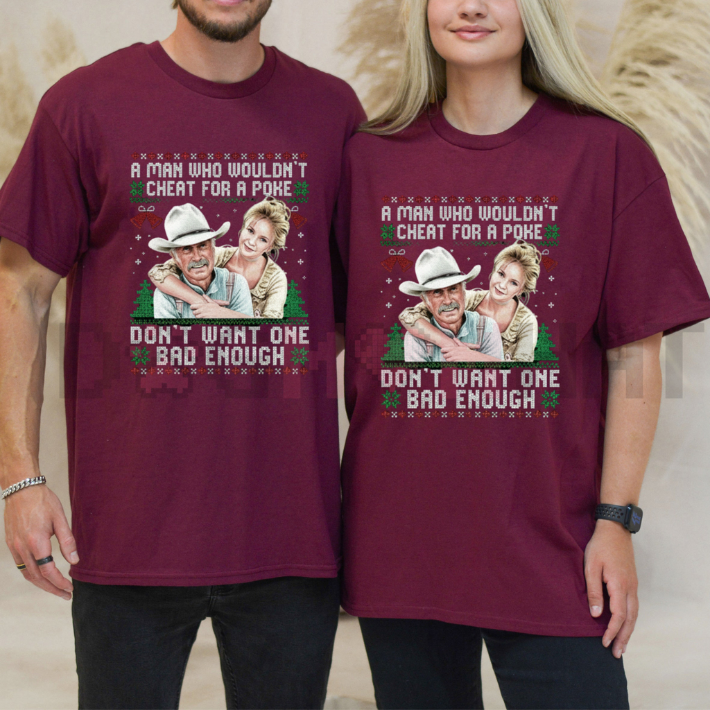 Maroon crewneck T-shirt with western character front graphic and text