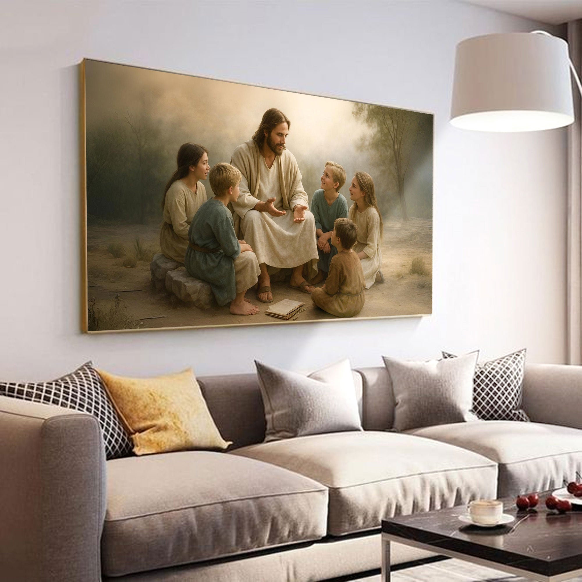 Framed wall art featuring Jesus with children in a pastoral landscape
