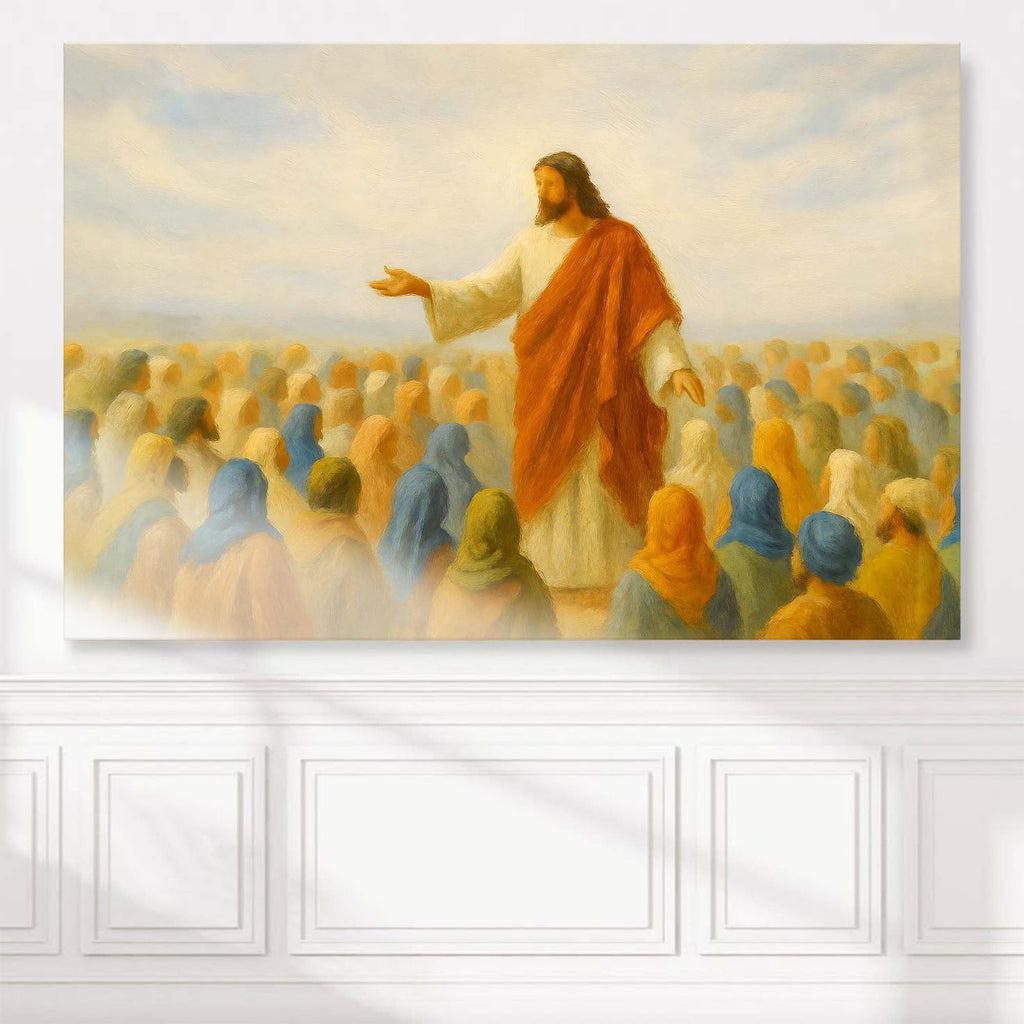Faith wall art canvas mounted on white wall molding, with Jesus speaking to crowds