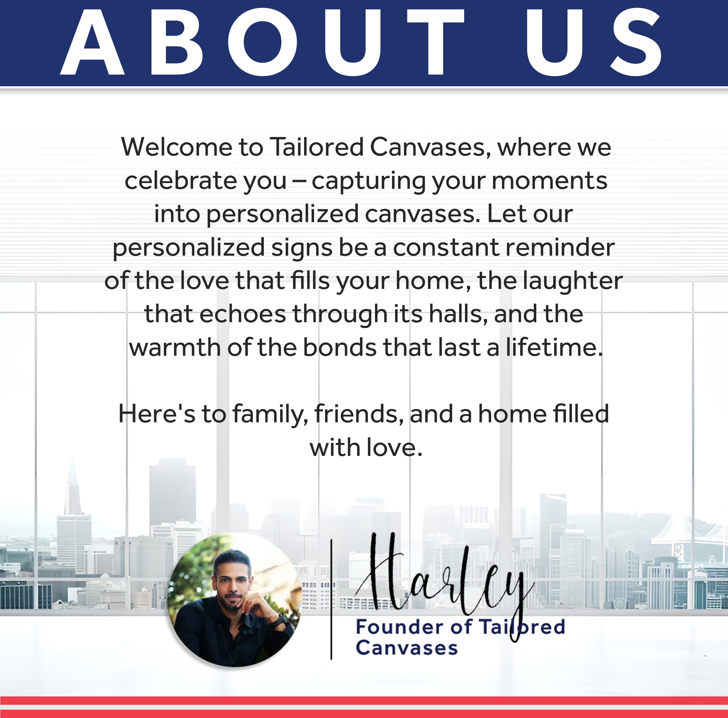 About Us card for Tailored Canvases with founder portrait and city skyline background