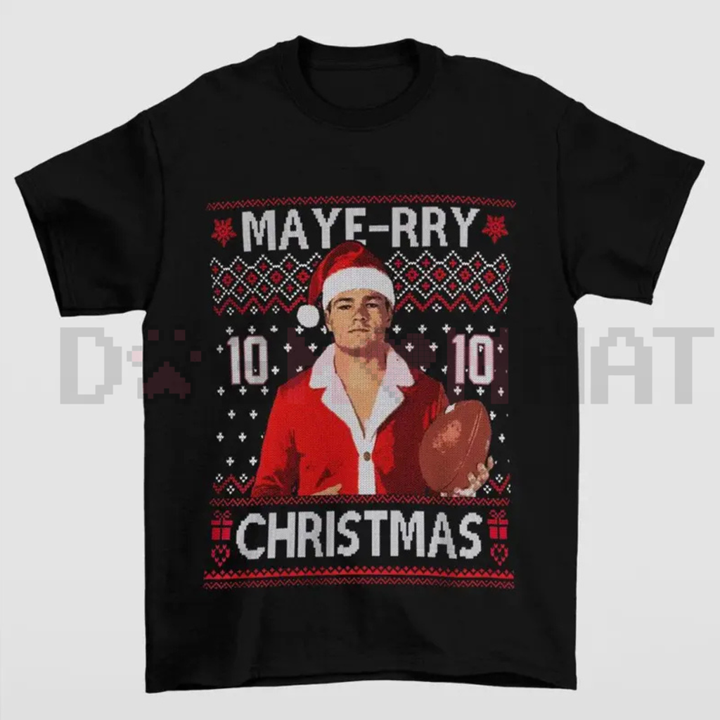 Unisex black crewneck T-shirt with 'MAYE-RRY' Christmas graphic and Santa hat