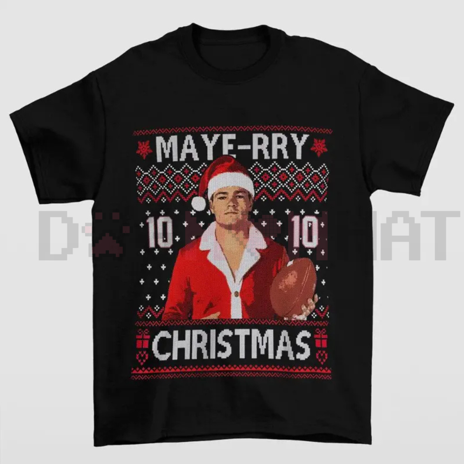 Unisex black crewneck T-shirt with 'MAYE-RRY' Christmas graphic and Santa hat