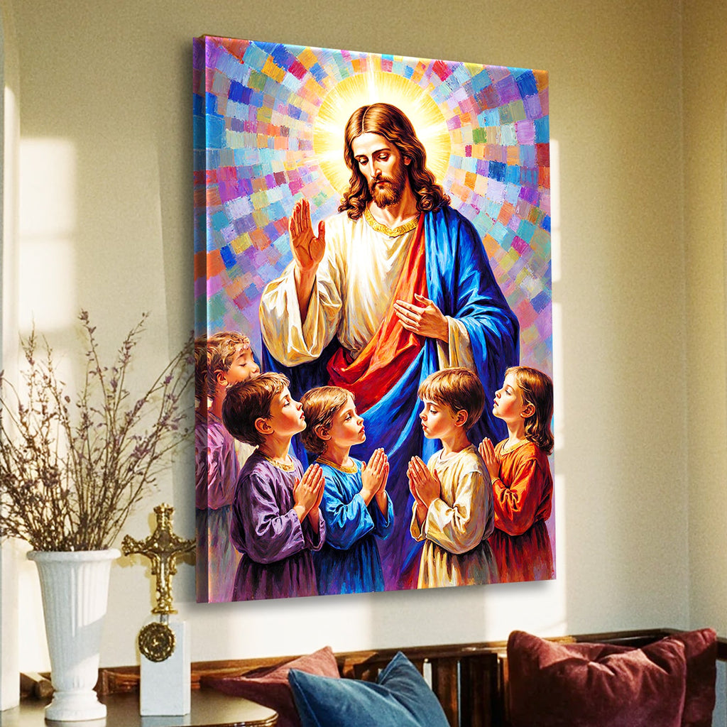 Jesus praying wall art with colorful mosaic background and kneeling children, framed print