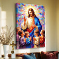 Jesus praying wall art with colorful mosaic background and kneeling children, framed print