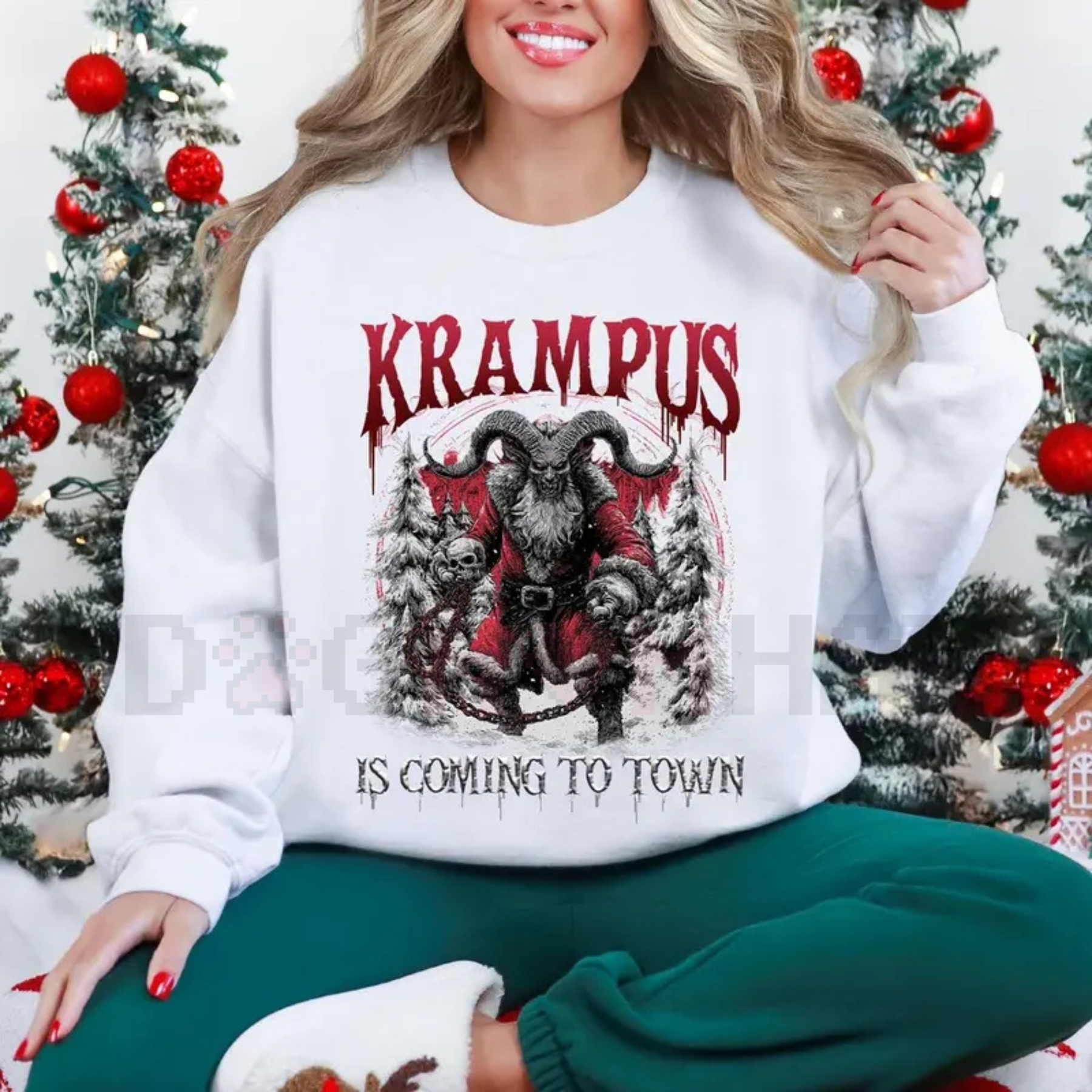 White crewneck sweatshirt with Krampus graphic and red gothic lettering