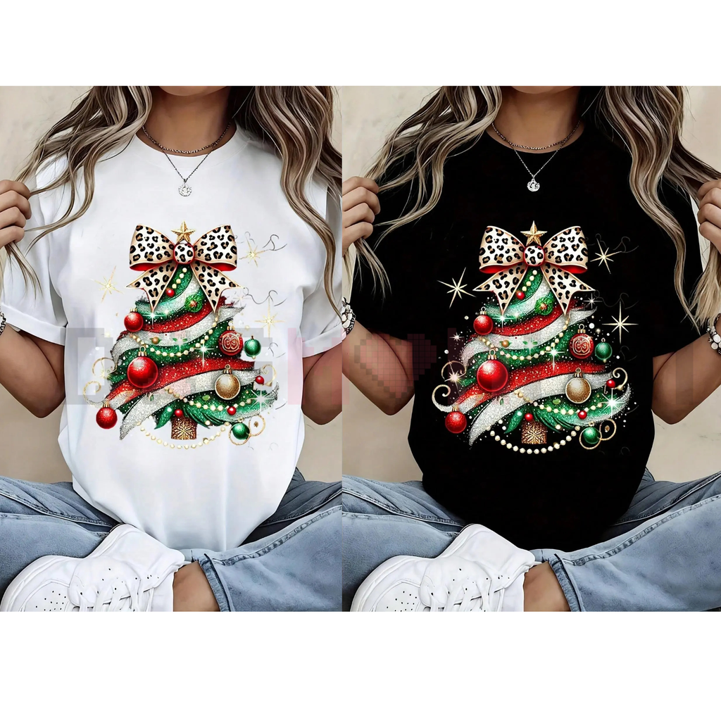 Women’s Christmas tree graphic T-shirt shown in white and black