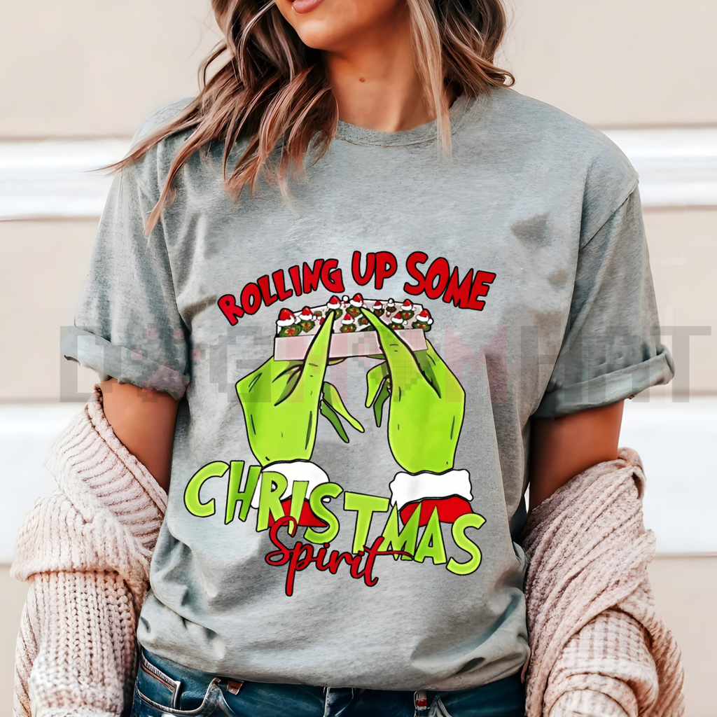 Sport grey T-shirt with Grinch hands Christmas graphic, crew neck short sleeves