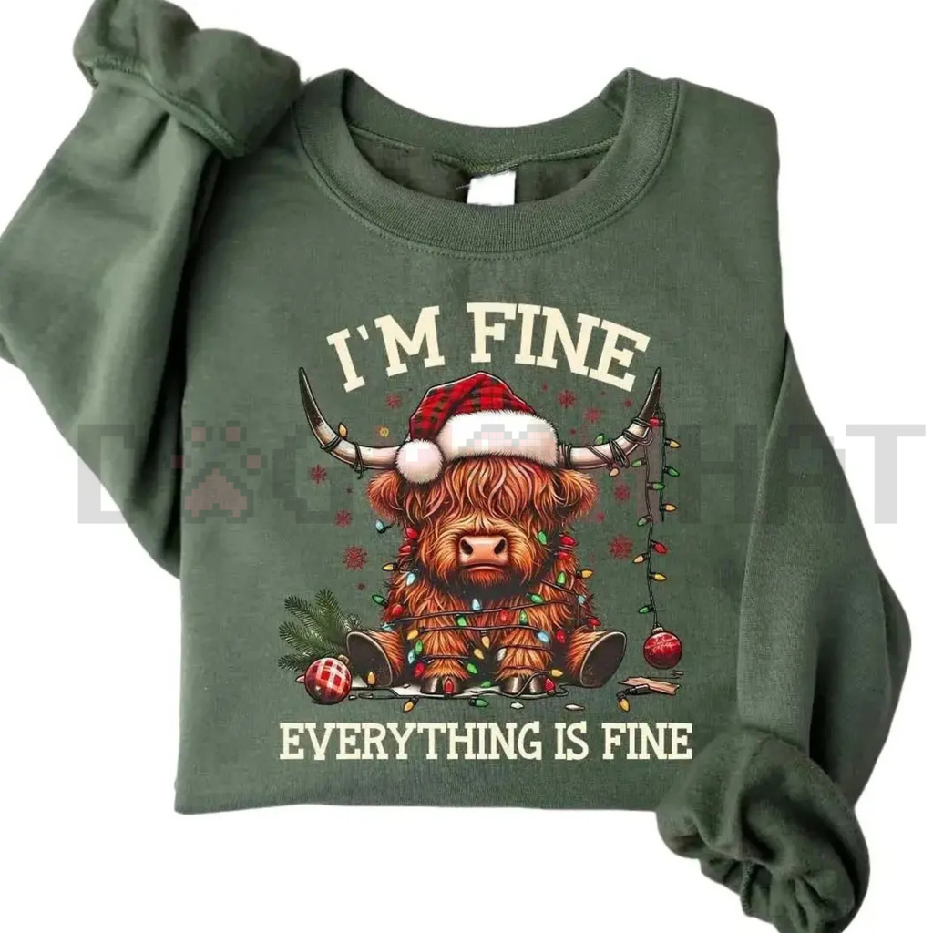 Dark green crewneck sweatshirt with cow holiday graphic, long sleeves