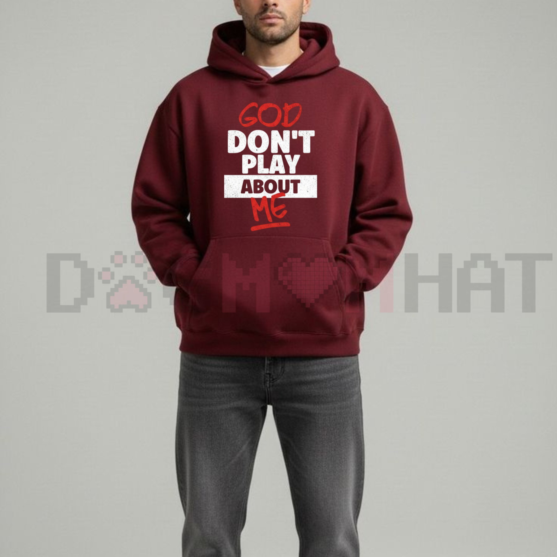 Burgundy hoodie with front graphic text and kangaroo pocket, pullover hood