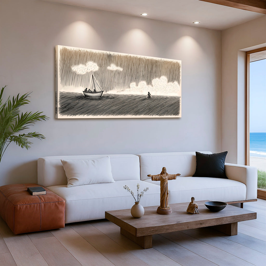 Landscape canvas print of a sailboat on dark water with white clouds and textured sky