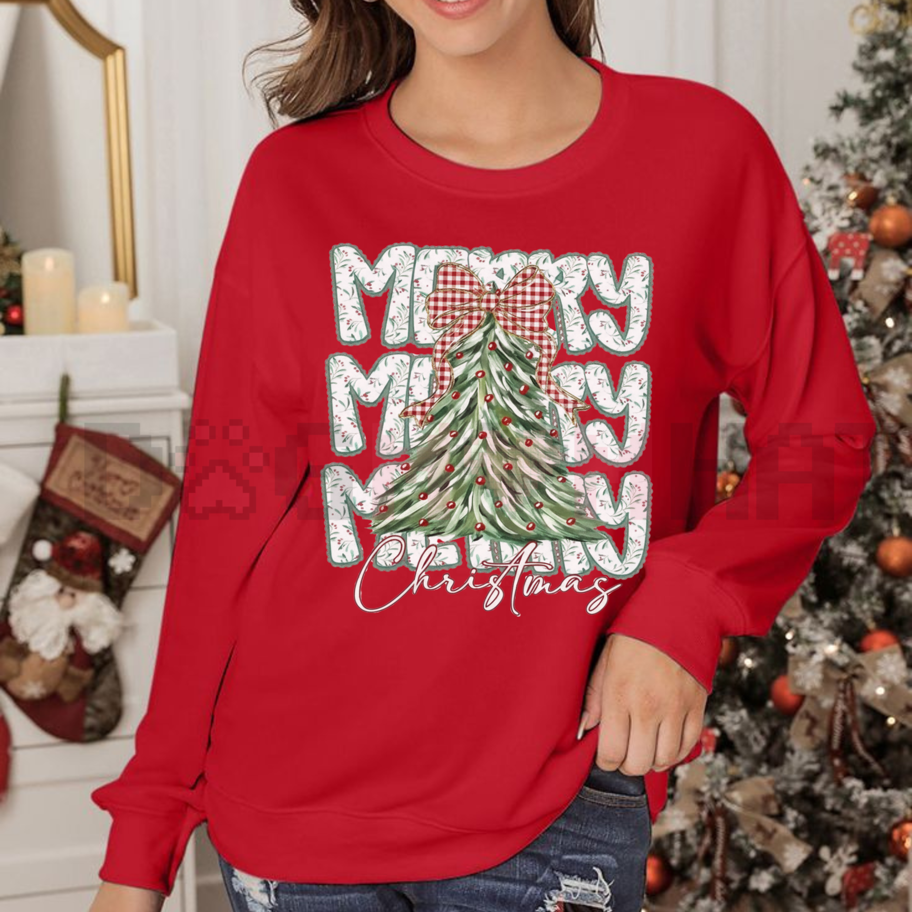 Red crewneck sweatshirt with Christmas tree graphic and plaid bow, long sleeves