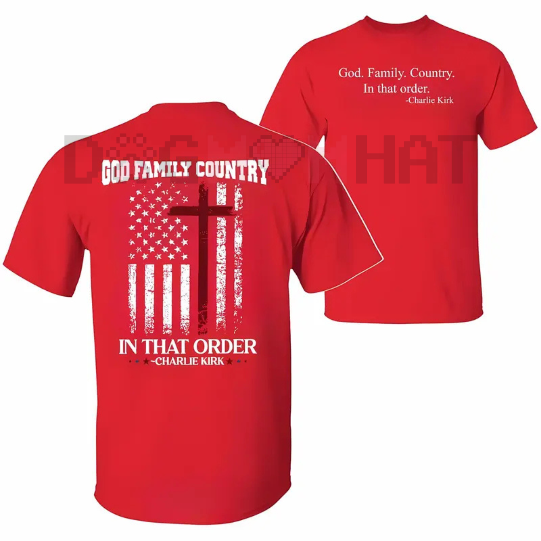 Red crew-neck T-shirt with patriotic American flag cross graphic and 'God. Family. Country' text