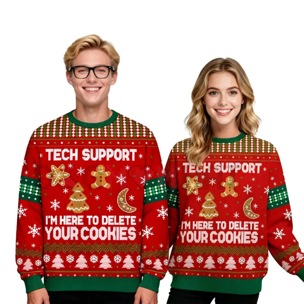 Red knit crewneck sweater with TECH SUPPORT holiday graphic and delete cookies slogan