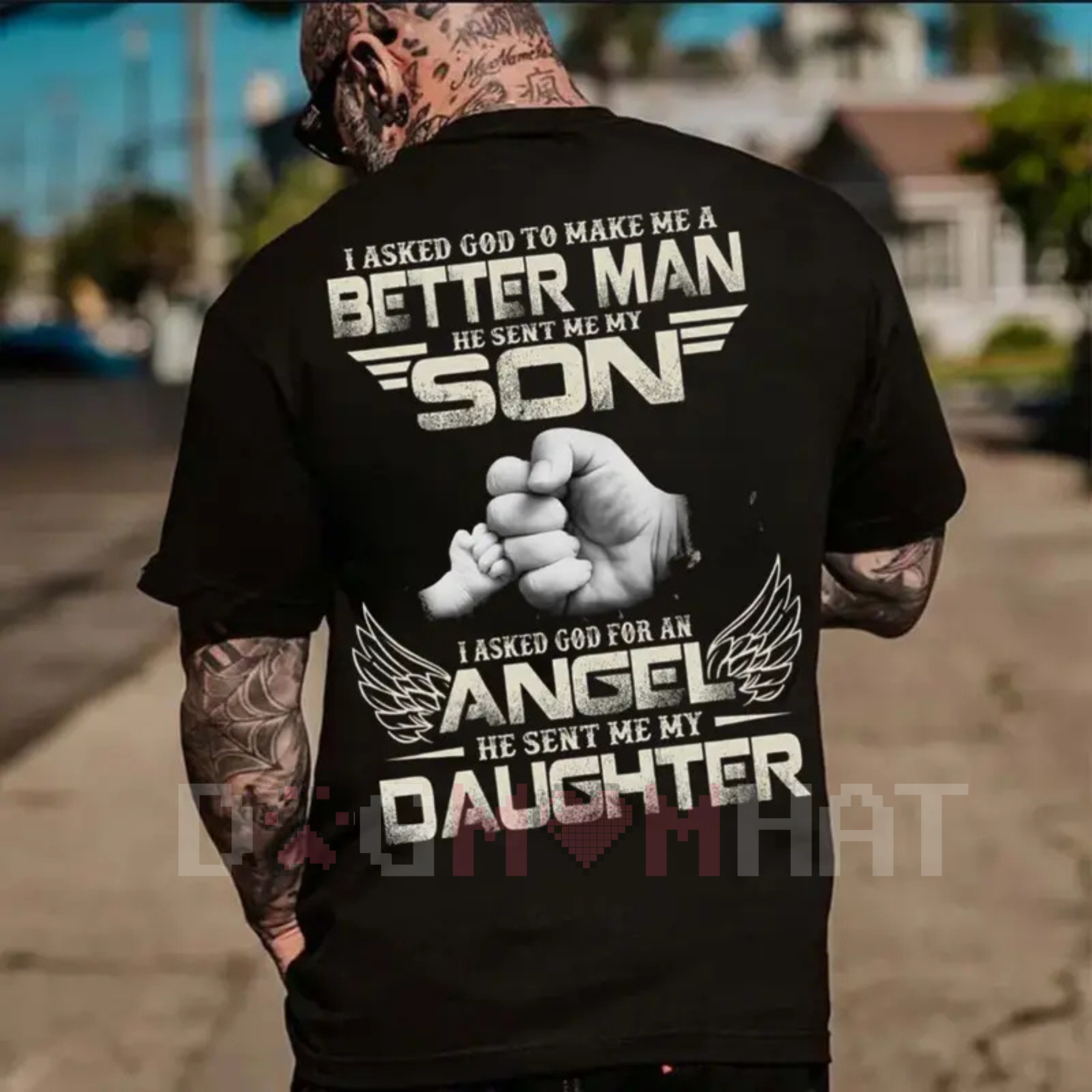 Black dad T-shirt with 'Better Man' and 'Angel Daughter' back graphic, short sleeves.
