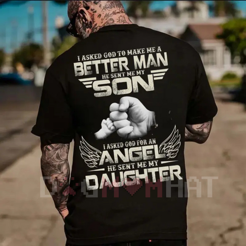 Black dad T-shirt with 'Better Man' and 'Angel Daughter' back graphic, short sleeves.