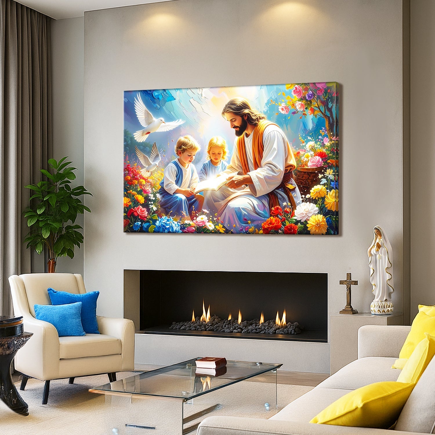 Faith wall art canvas of Jesus reading with children amid colorful flowers and doves