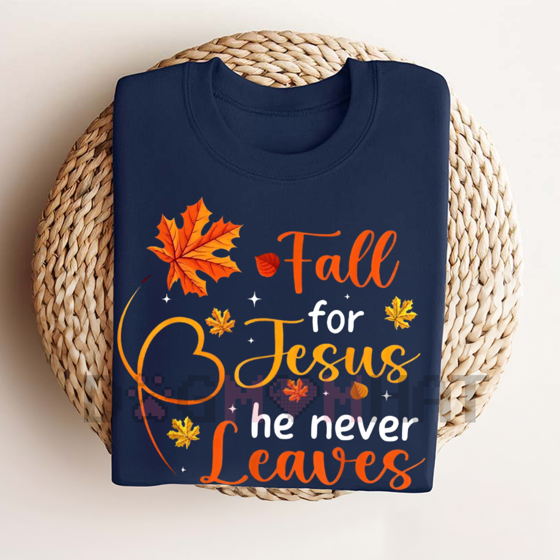 Women’s fall graphic T-shirt, navy with “Fall for Jesus the never Leaves”
