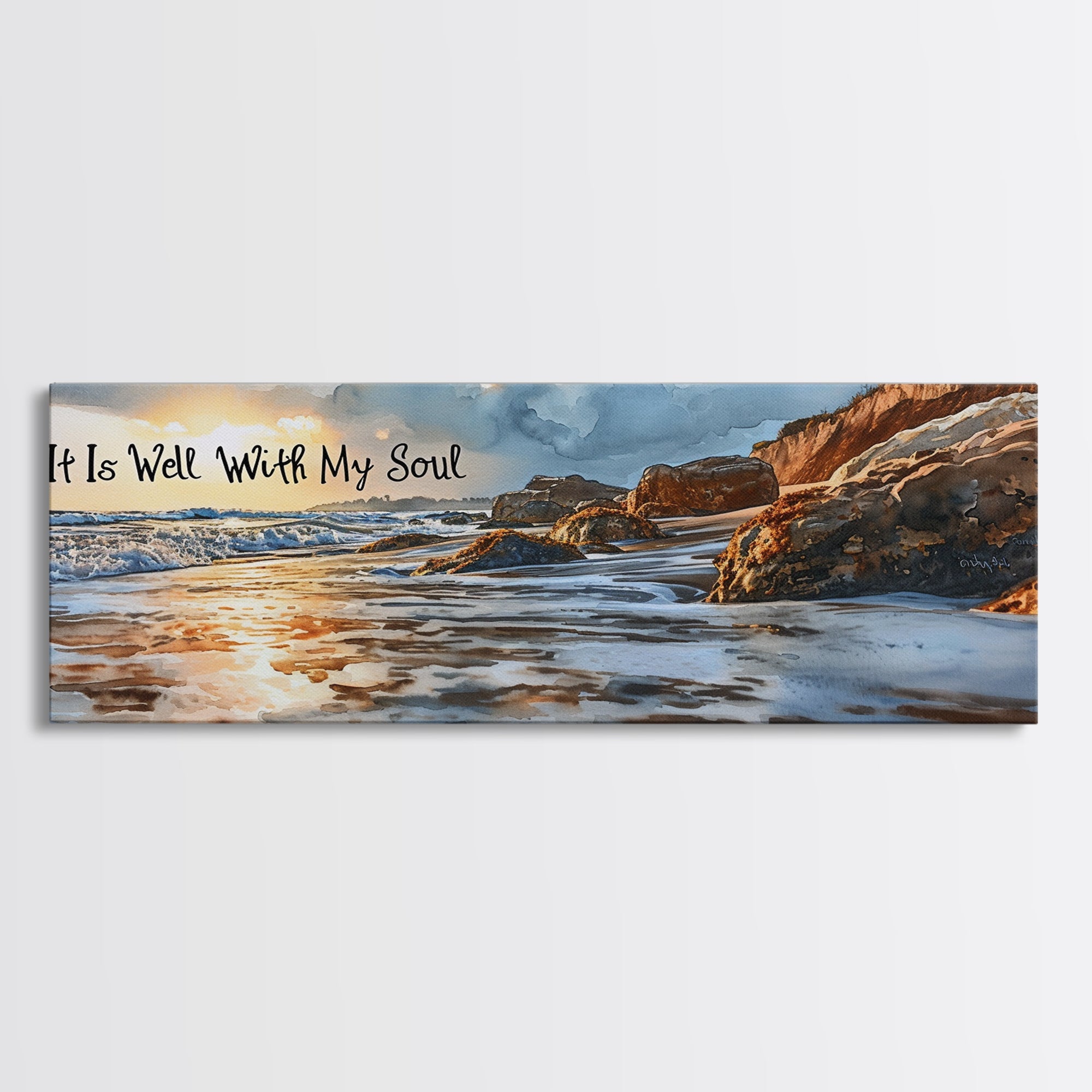 Coastal beach wall art canvas with scripture text, rocky shore, and ocean wave details
