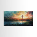 Landscape canvas wall art with cross over sunset lake and colorful clouds