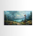 Framed canvas print of mountain landscape with a wooden cross by a lake path
