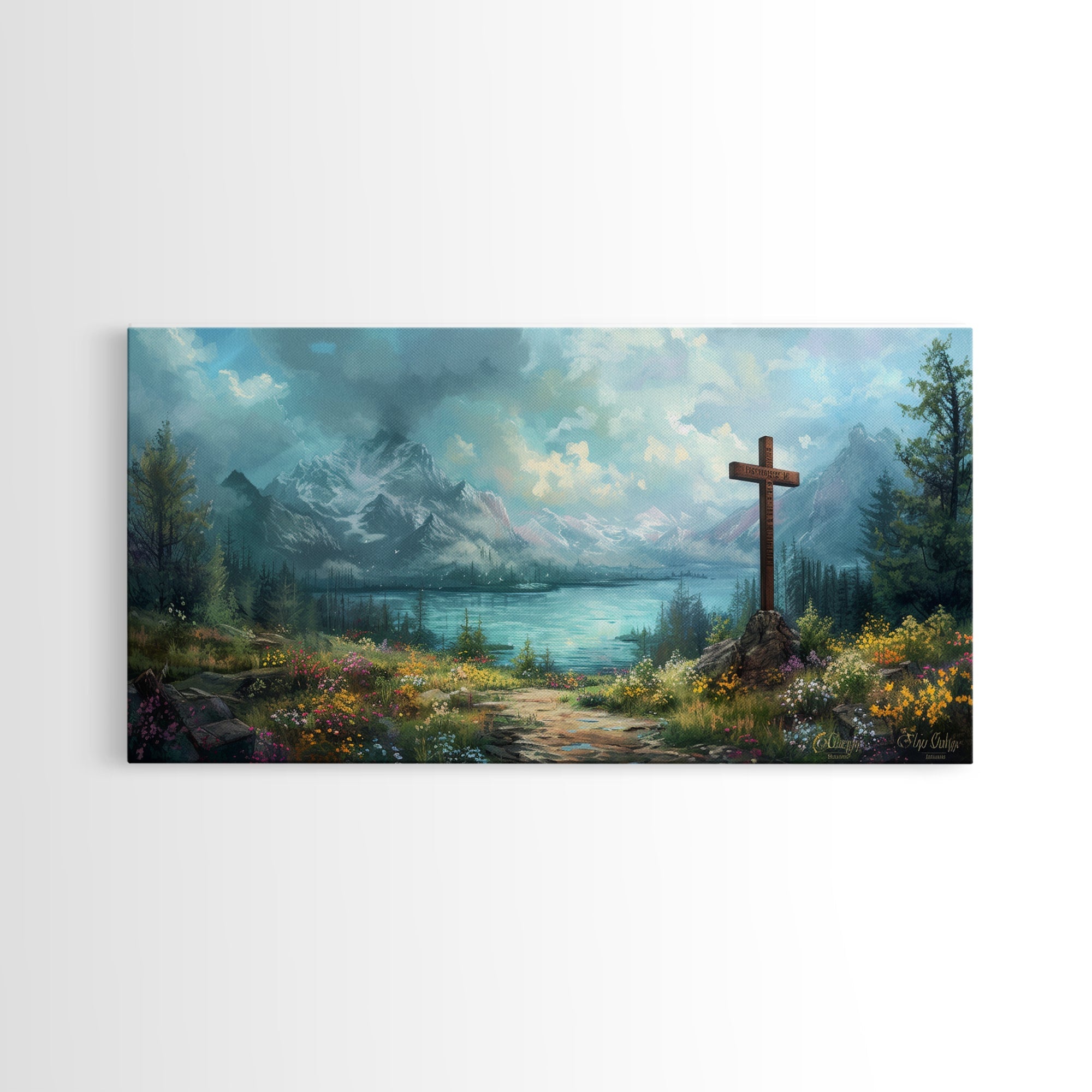 Framed canvas print of mountain landscape with a wooden cross by a lake path