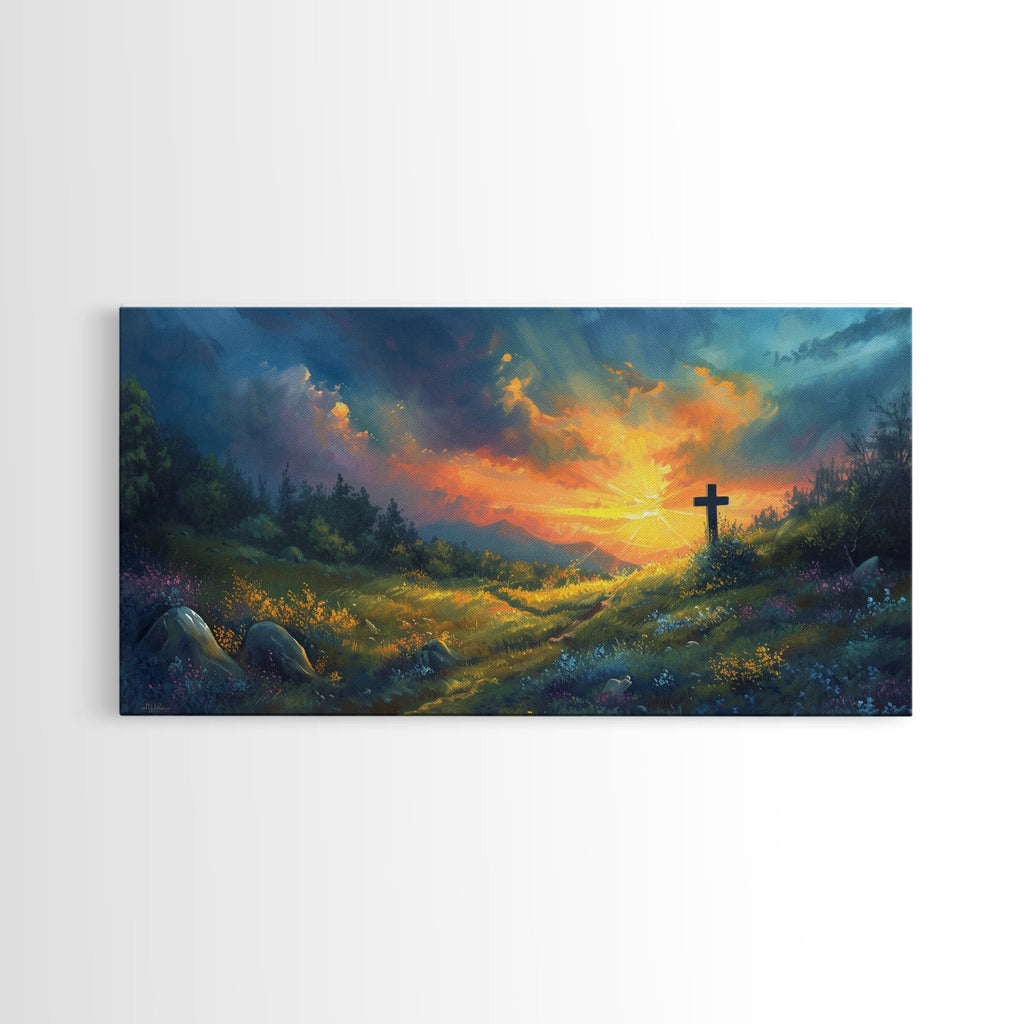 Christian landscape wall art canvas with a dark cross against a glowing sunset sky