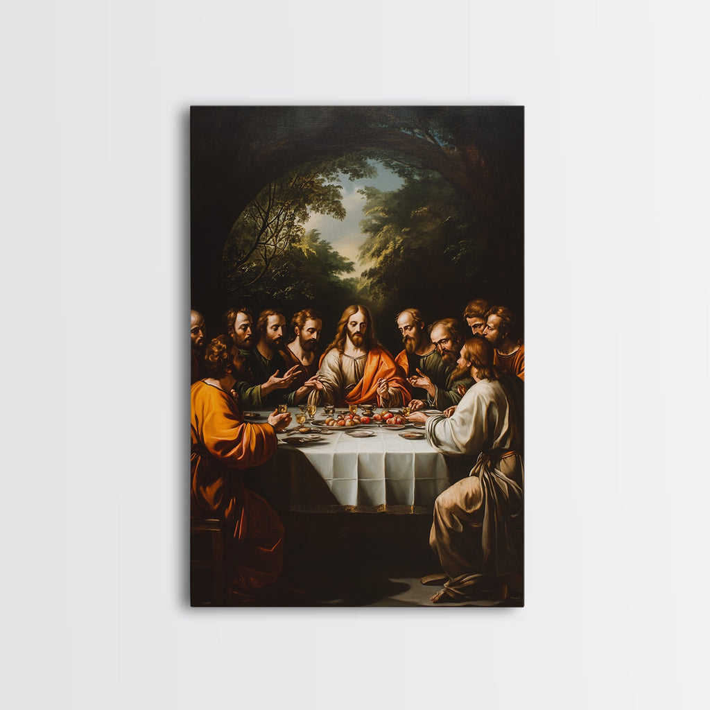 Canvas wall art of the Last Supper with figures at a banquet table