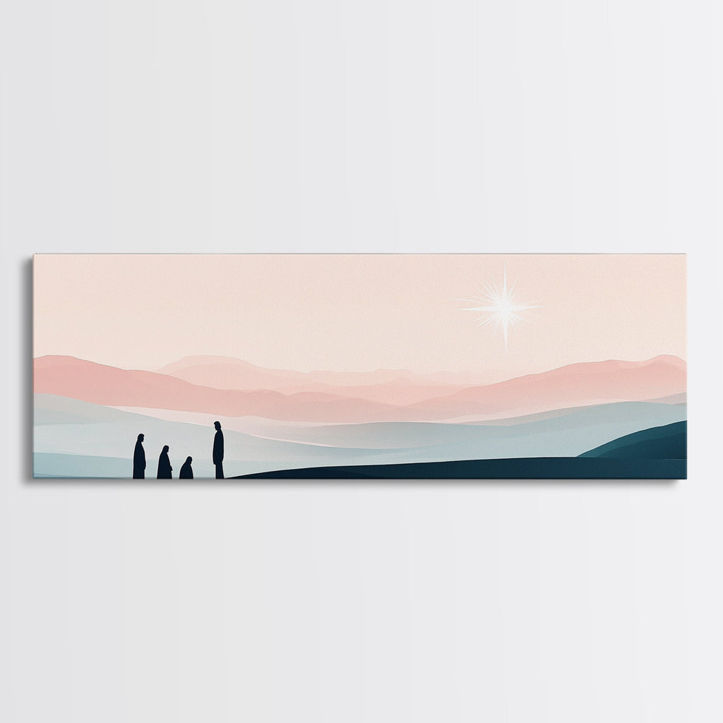 Landscape canvas print with dark figures at the horizon and a glowing star in pink sky