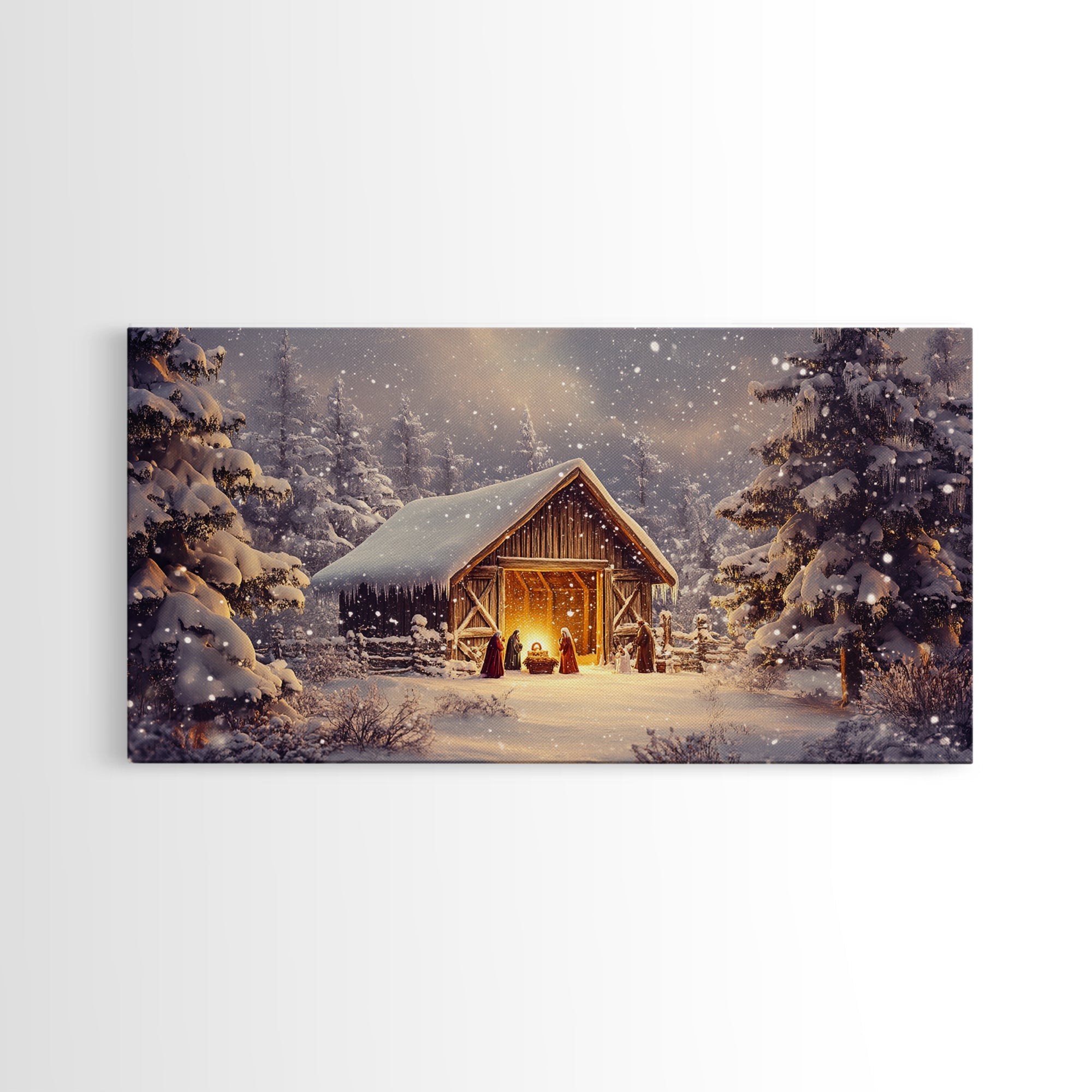 Nativity Scene Framed Canvas Print, Jesus in His Manger, Christmas Wall Art, Christmas Centerpiece Art, Nativity Oil Painting