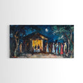 Framed nativity canvas print with blue night sky, yellow house, and colorful figures