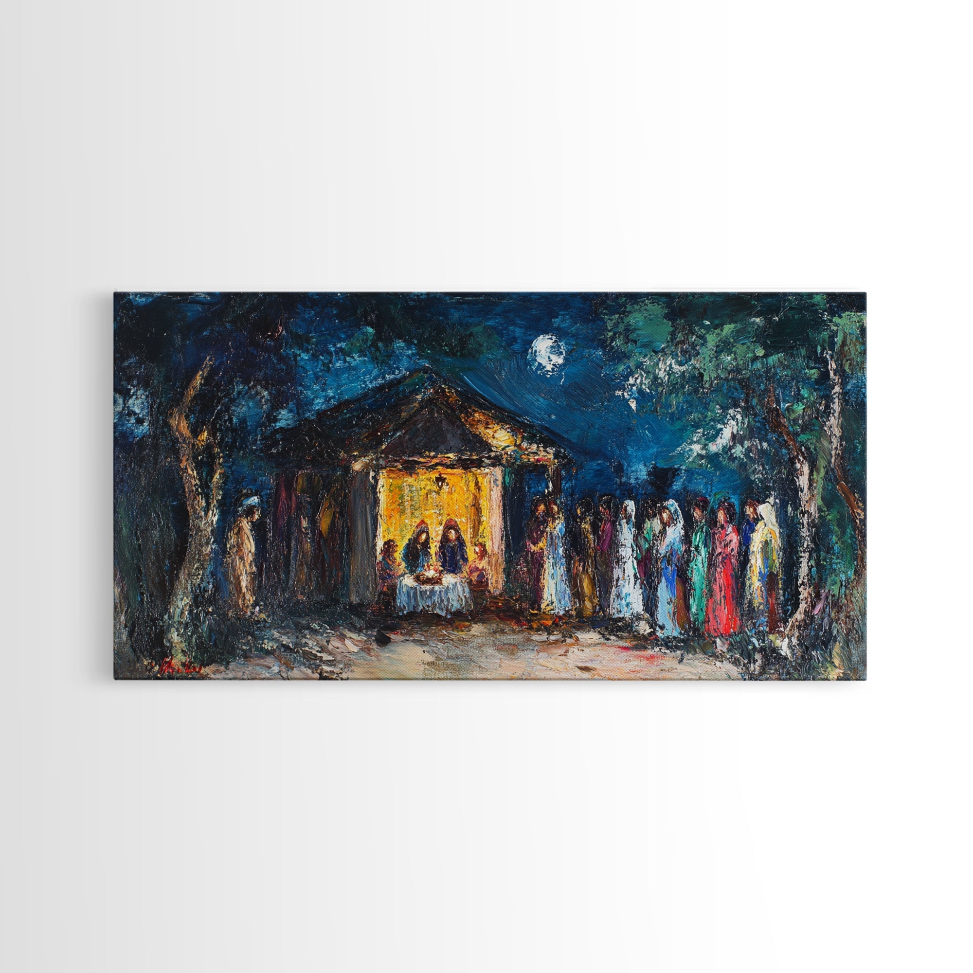 Framed nativity canvas print with blue night sky, yellow house, and colorful figures