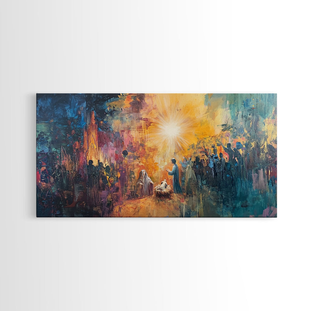 Nativity canvas print with glowing star, standing figures, and painterly city crowd scene