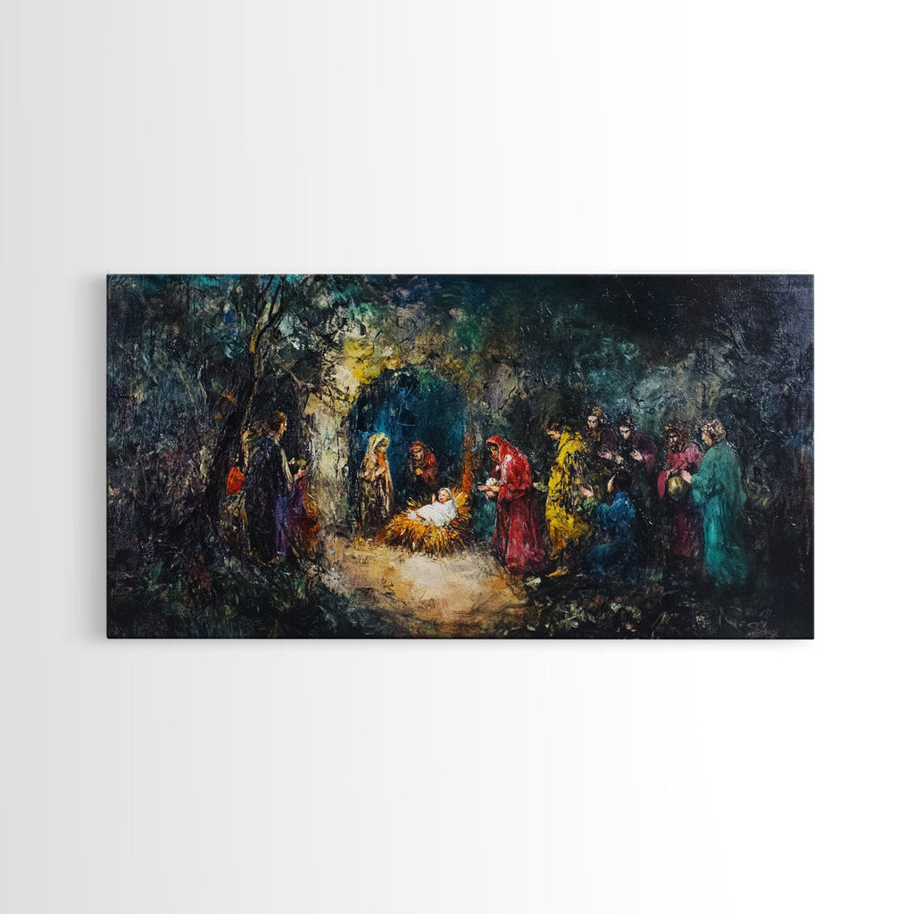 Framed abstract nativity canvas print with blue, red, and teal figures around a warm glow