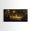 Framed canvas print of The Last Supper oil painting scene with dark figures and candlelit table.